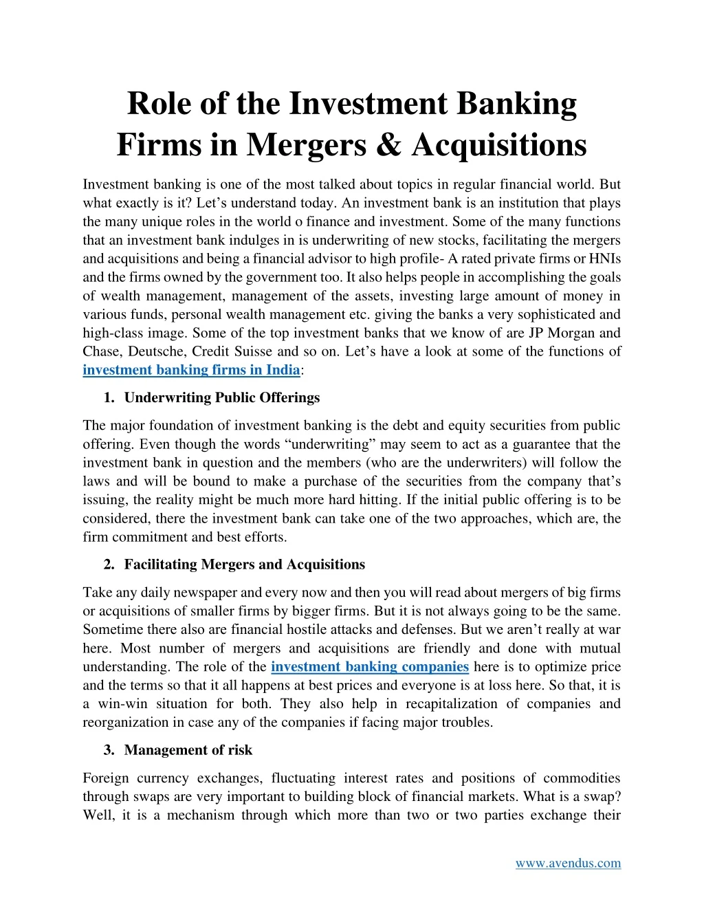 role of the investment banking firms in mergers