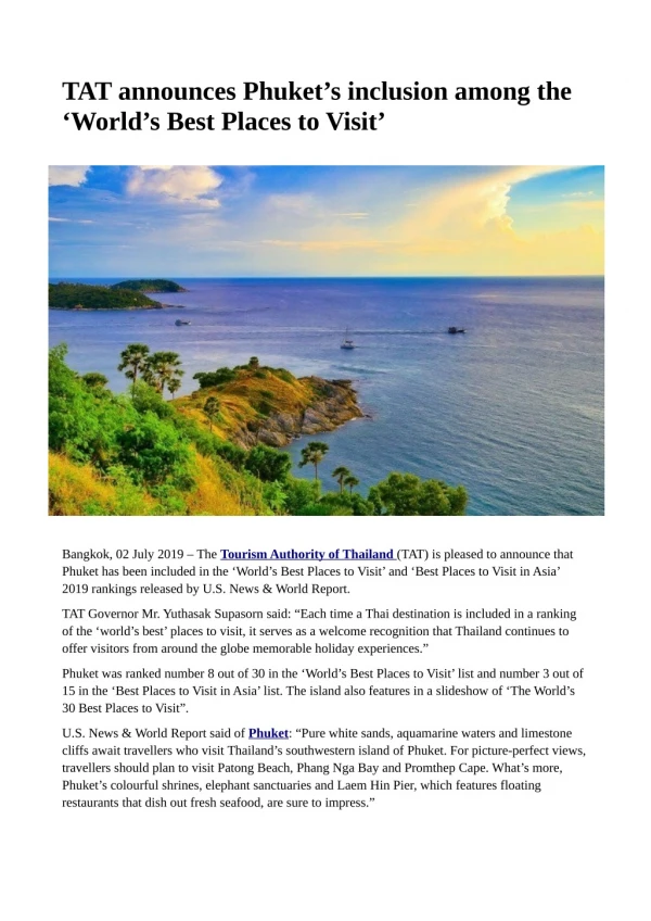 TAT announces Phuket's inclusion among the 'World's Best Places to Visit'