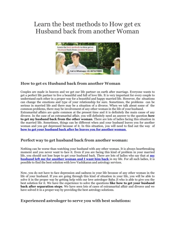 Learn the best methods to How get ex Husband back from another Woman - Pandit kapil Sharma