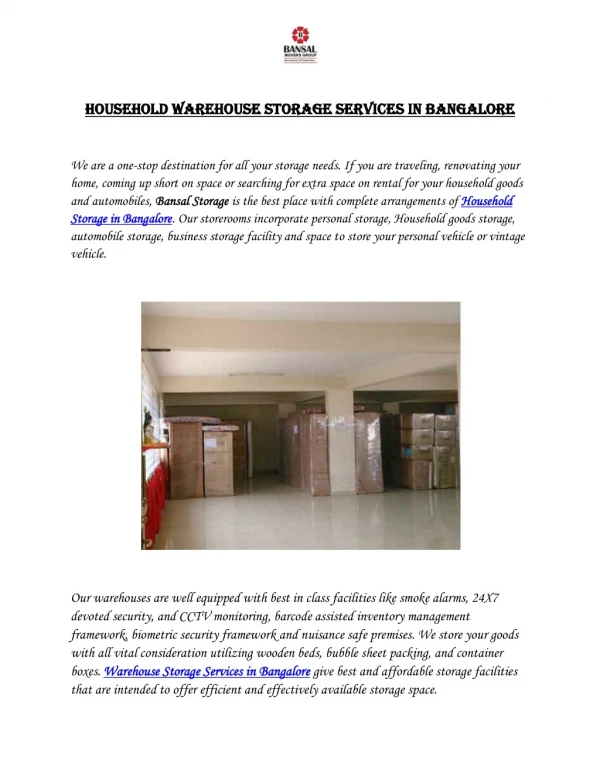 Household Warehouse Storage Services in Bangalore