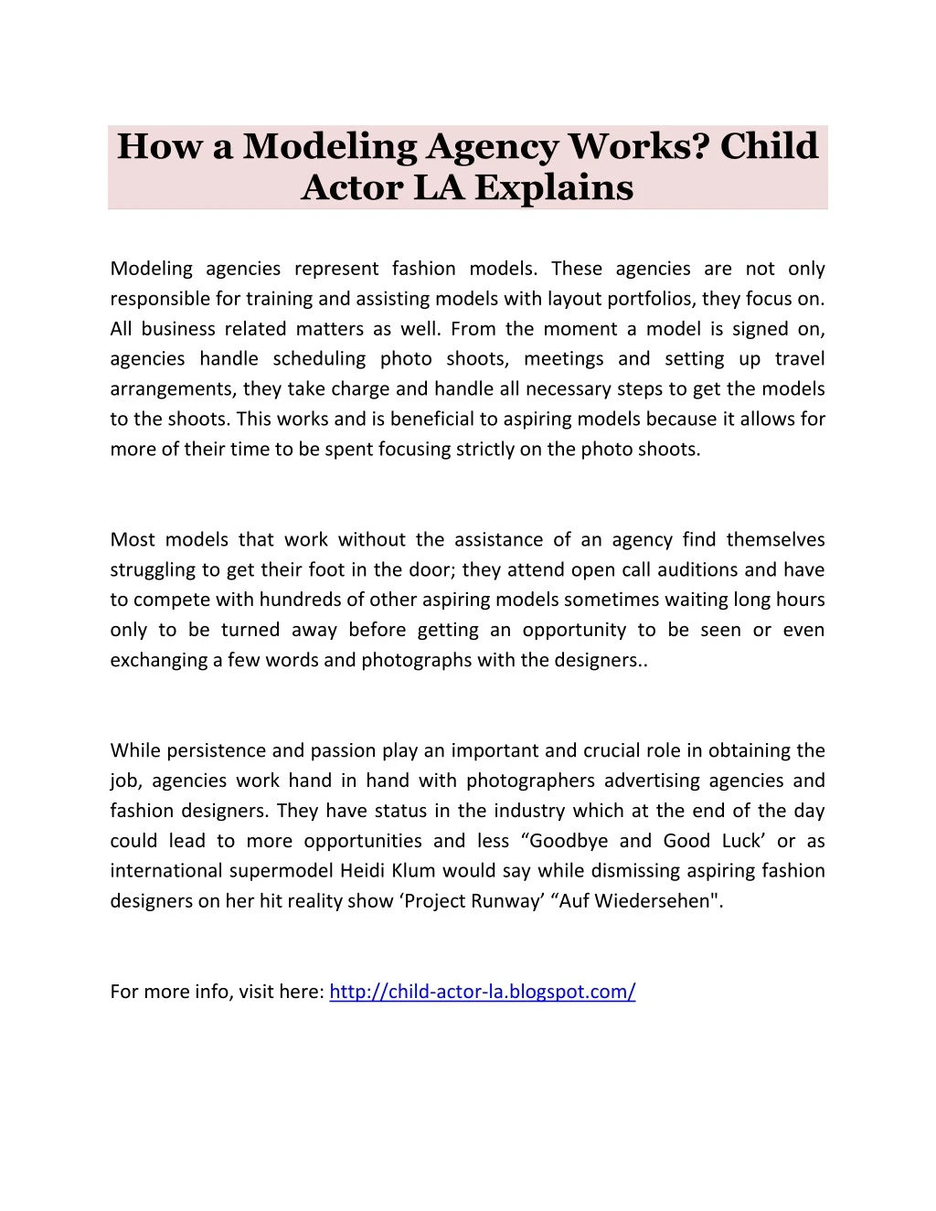 how a modeling agency works child actor