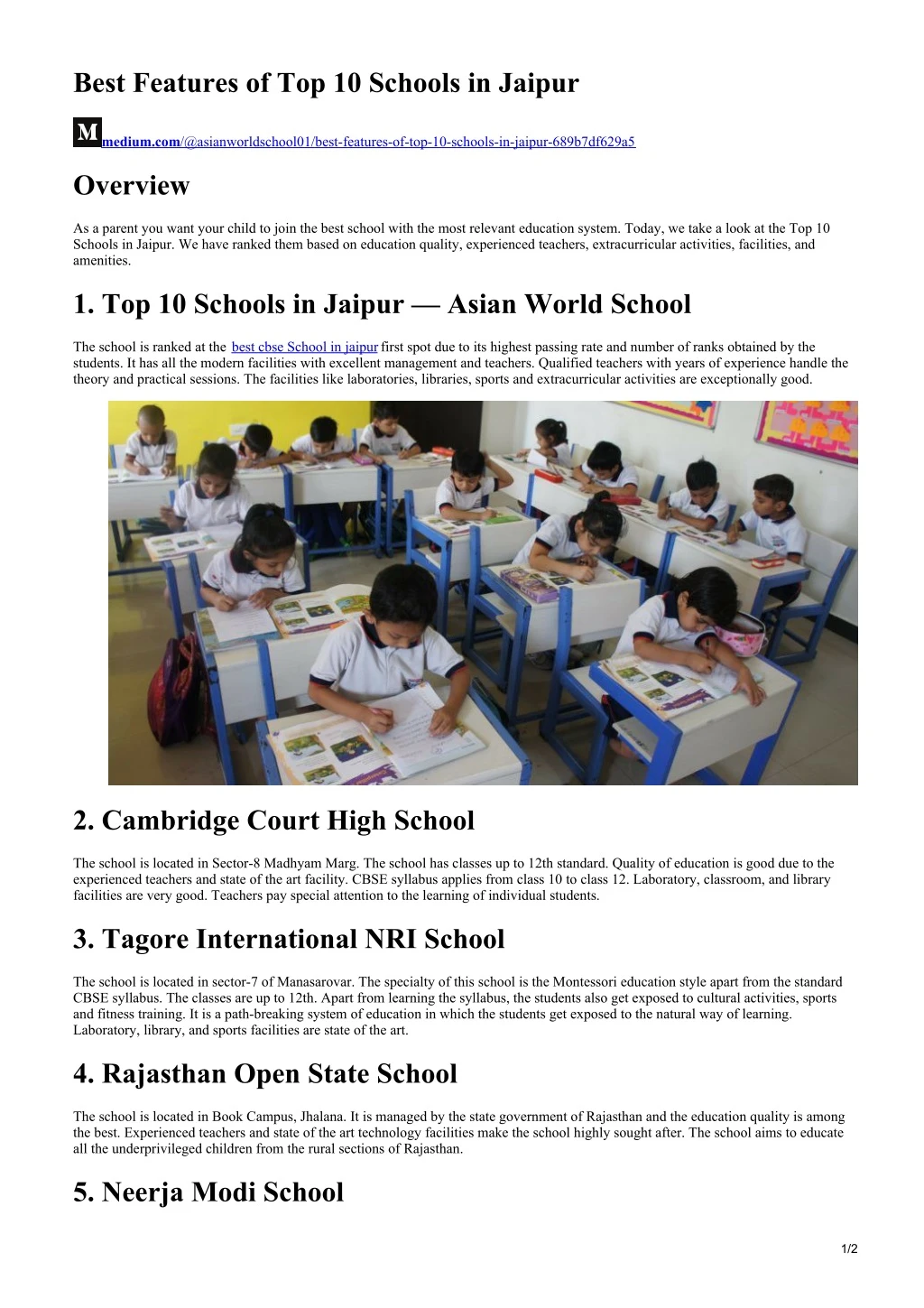 best features of top 10 schools in jaipur