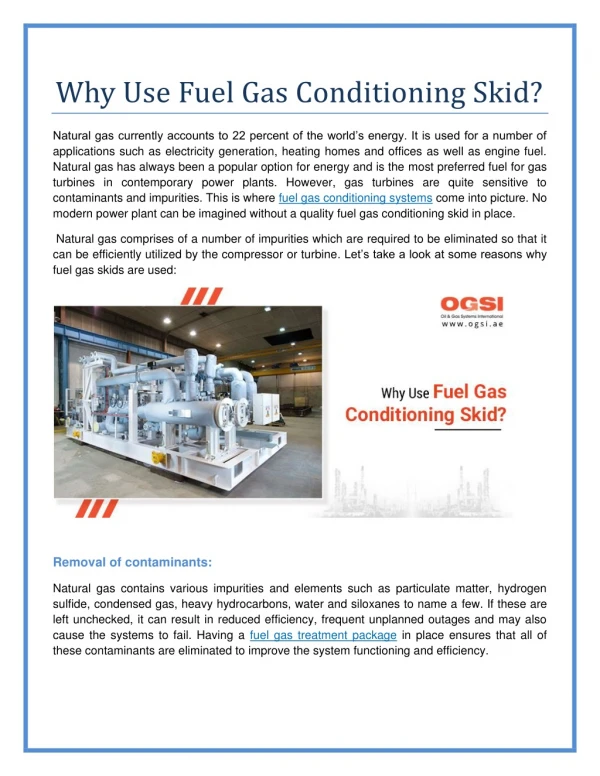 Why do we need Fuel Gas Conditioning Skid?