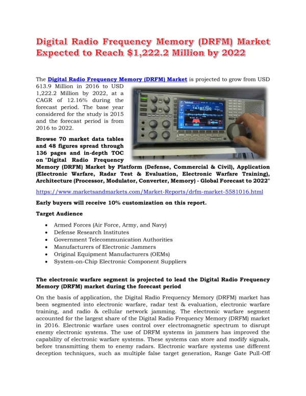 Digital Radio Frequency Memory (DRFM) Market Expected to Reach $1,222.2 Million by 2022