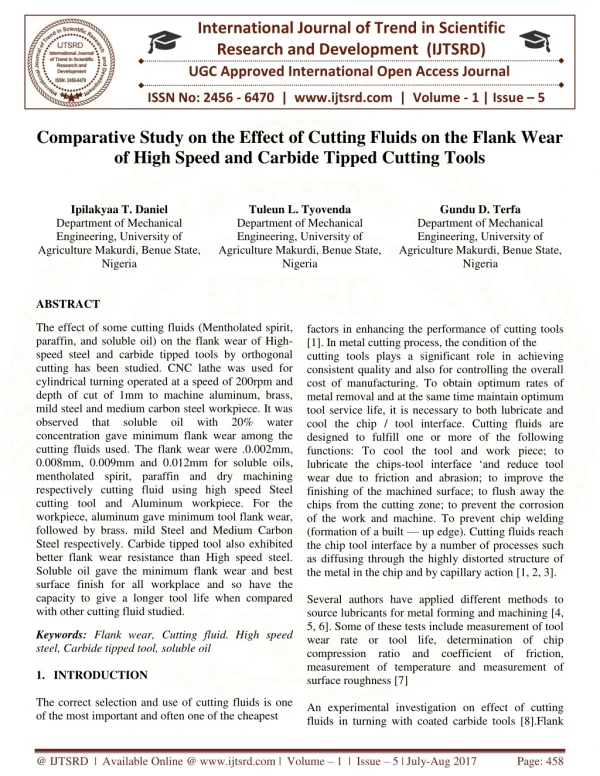 Comparative Study on the Effect of Cutting Fluids on the Flank Wear of High Speed and Carbide Tipped Cutting Tools