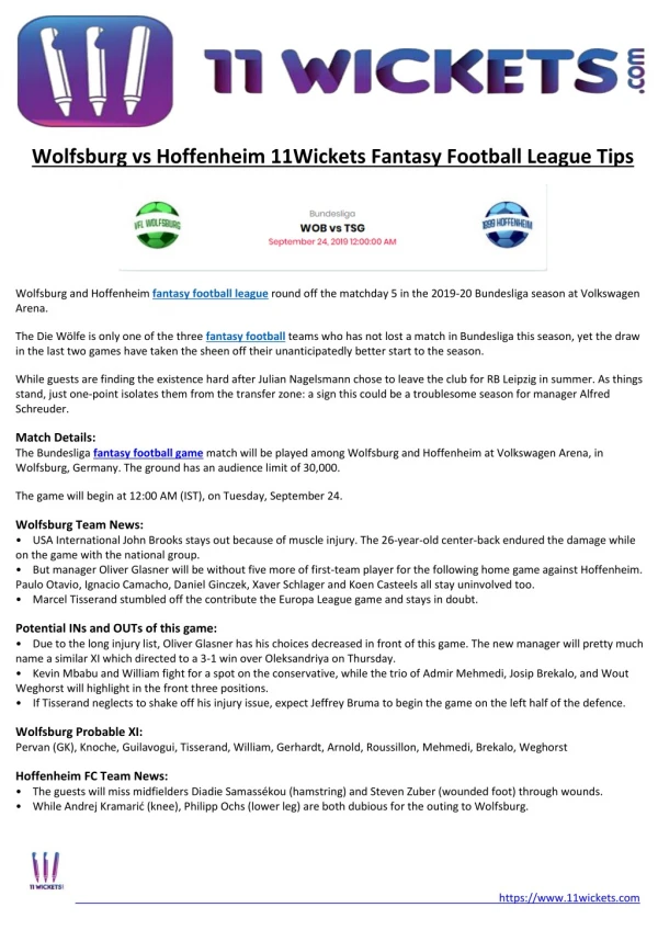 Wolfsburg vs Hoffenheim 11Wickets Fantasy Football League Tips