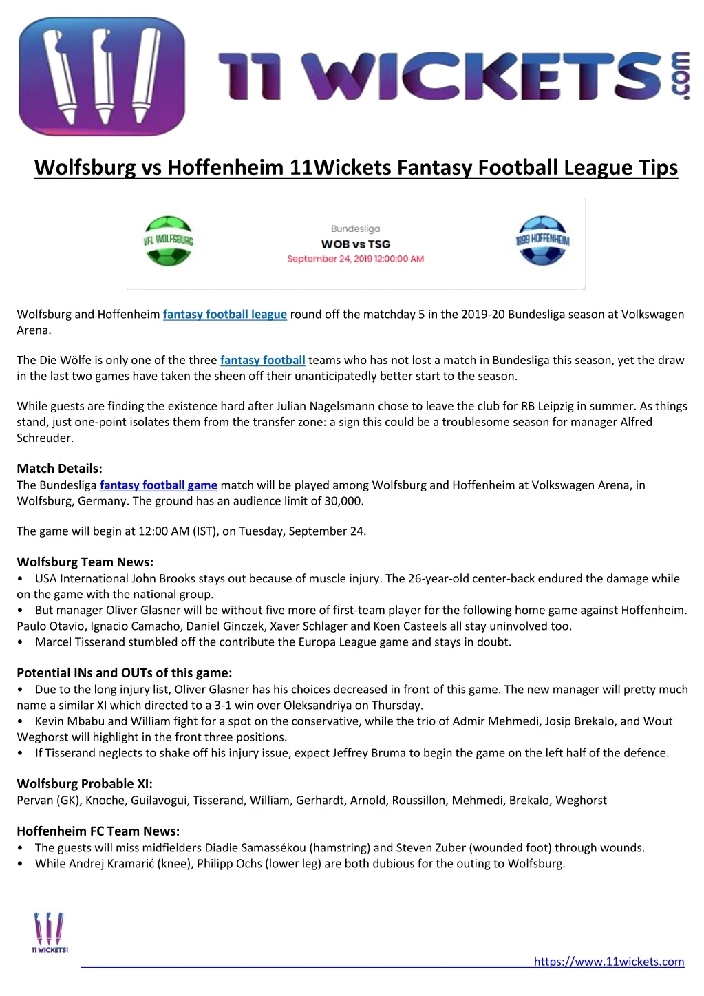 wolfsburg vs hoffenheim 11wickets fantasy