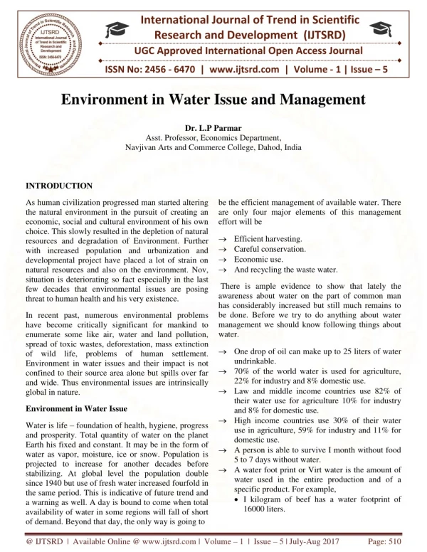 Environment in Water Issue and Management.