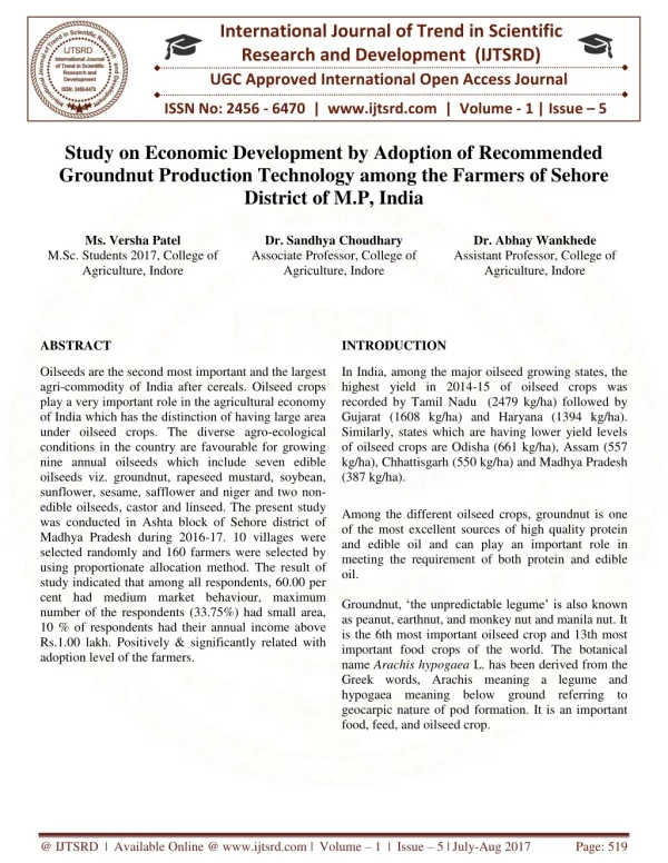 Study on Economic Development by Adoption of Recommended Groundnut Production Technology among the Farmers of Sehore Dis