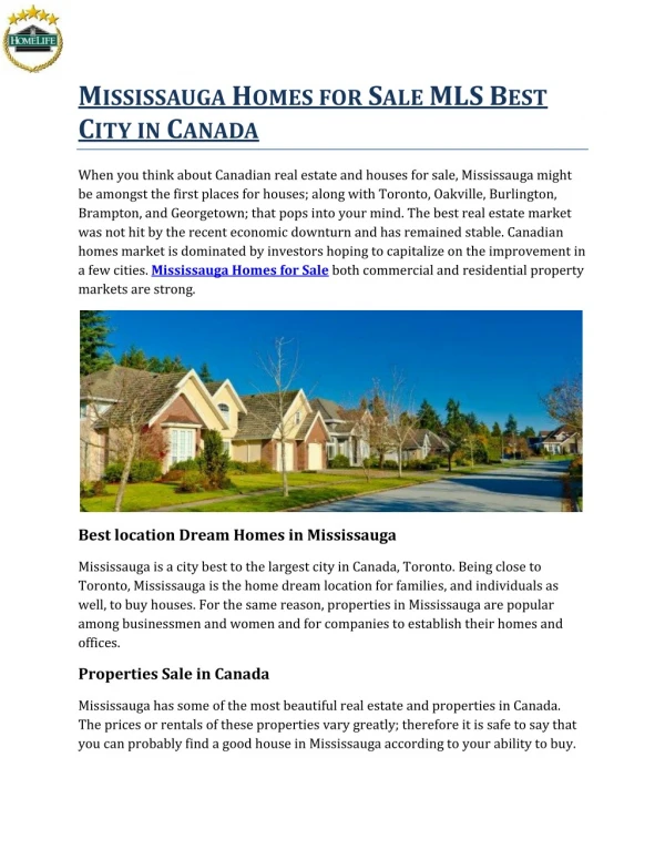 Mississauga Homes for Sale MLS Best City in Canada