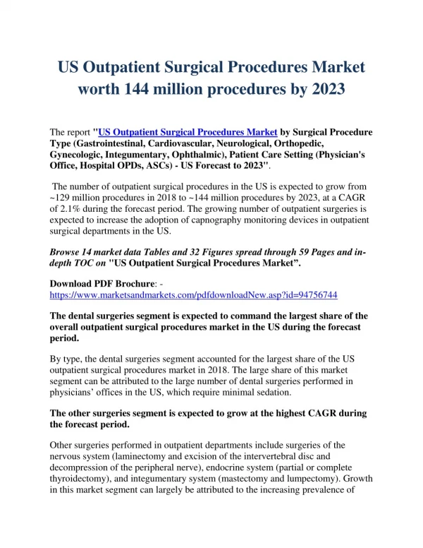 US Outpatient Surgical Procedures Market worth 144 million procedures by 2023