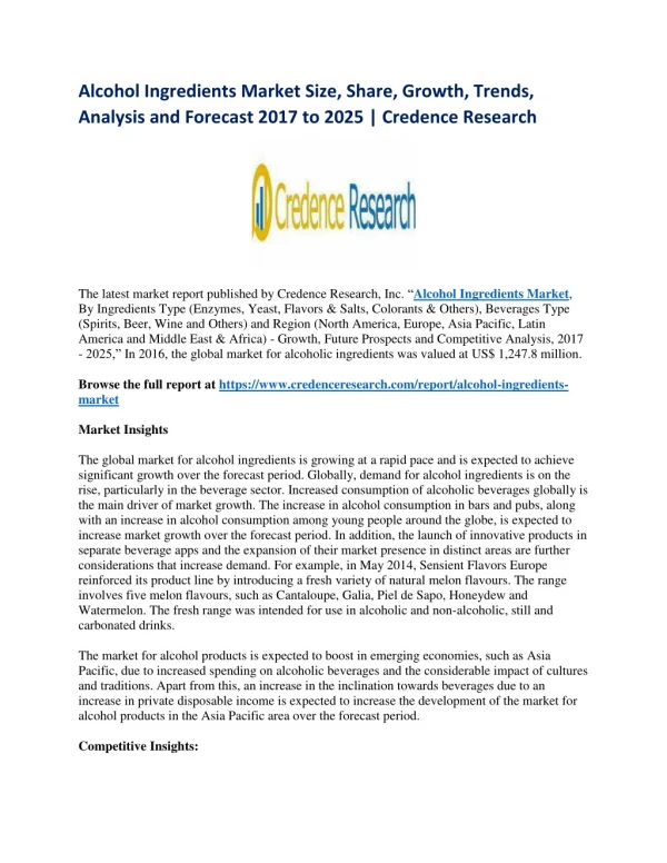 Alcohol Ingredients Market Size, Share, Growth, Trends, Analysis and Forecast 2017 to 2025