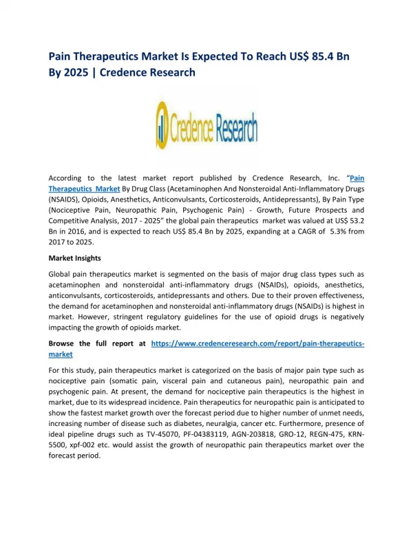 Pain Therapeutics Market Is Expected To Reach US$ 85.4 Bn By 2025 | Credence Research