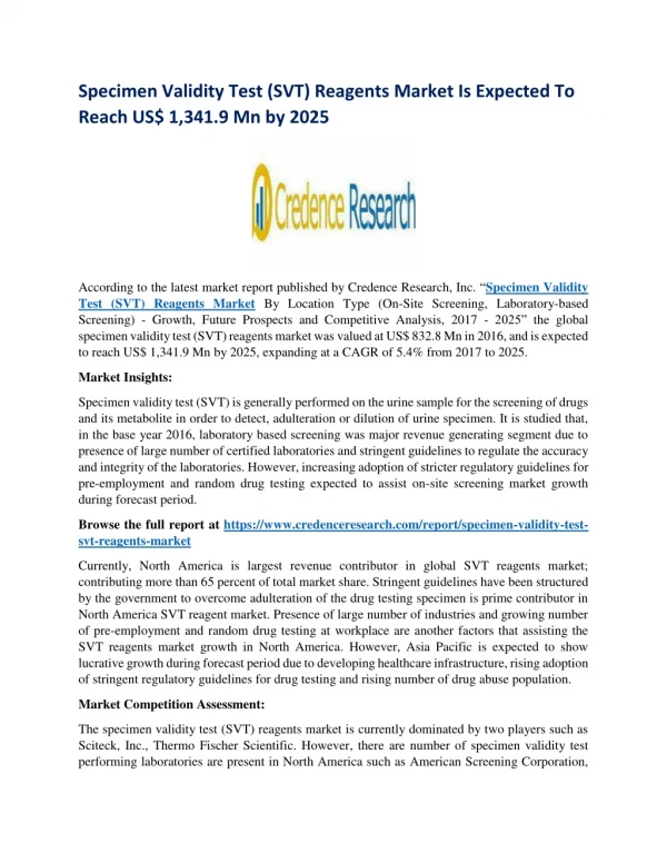 Specimen Validity Test (SVT) Reagents Market Is Expected To Reach US$ 1,341.9 Mn by 2025