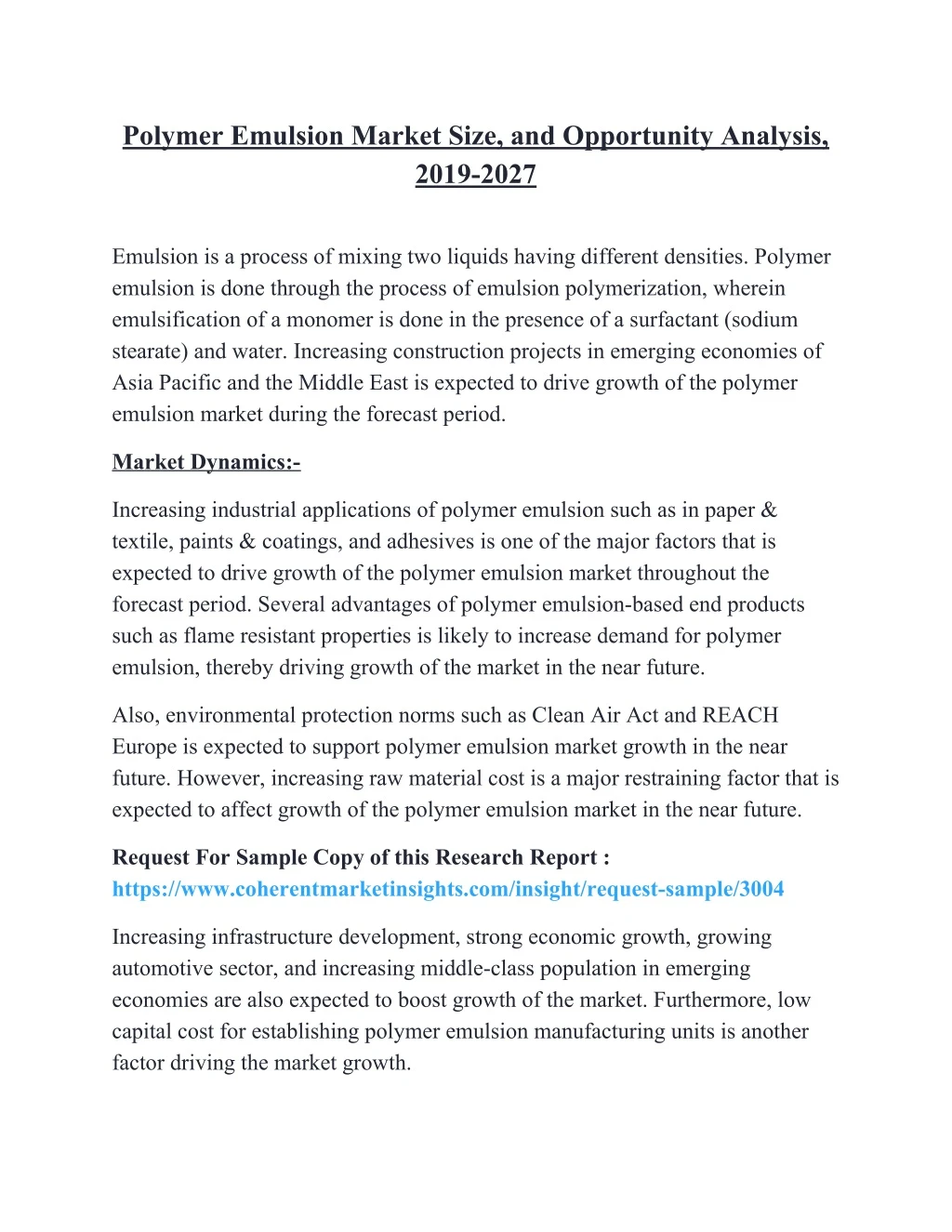 polymer emulsion market size and opportunity