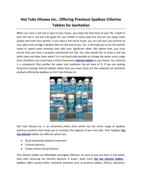 Hot Tubs Ottawa Inc.: Offering Premium SpaBoss Chlorine Tablets for Sanitation