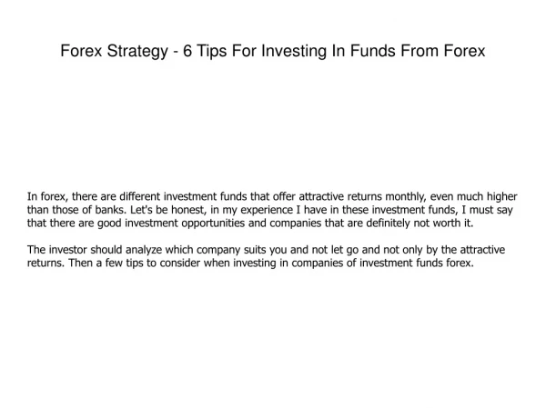 Forex Strategy - 6 Tips For Investing In Funds From Forex