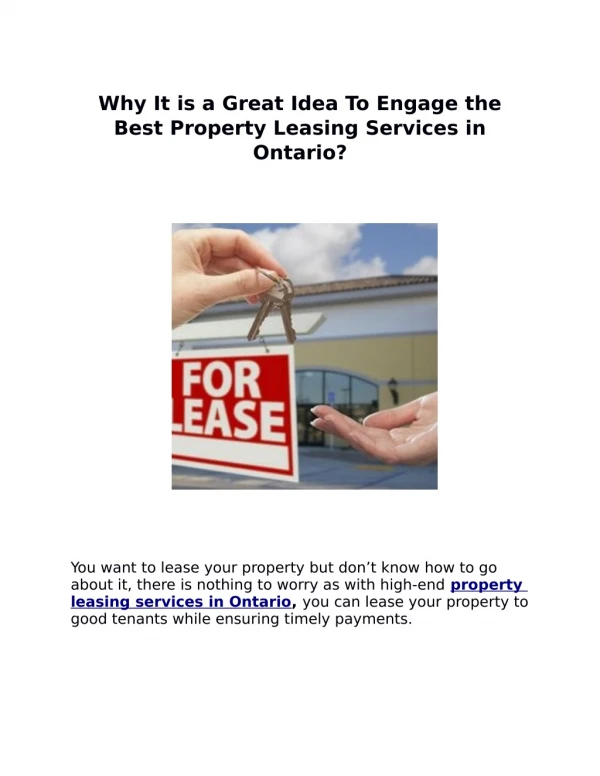 Why It is a Great Idea To Engage the Best Property Leasing Services in Ontario?