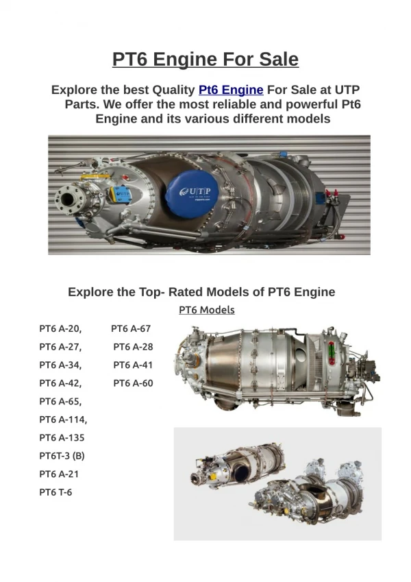 Powerful Model of PT6 Engine For Sale