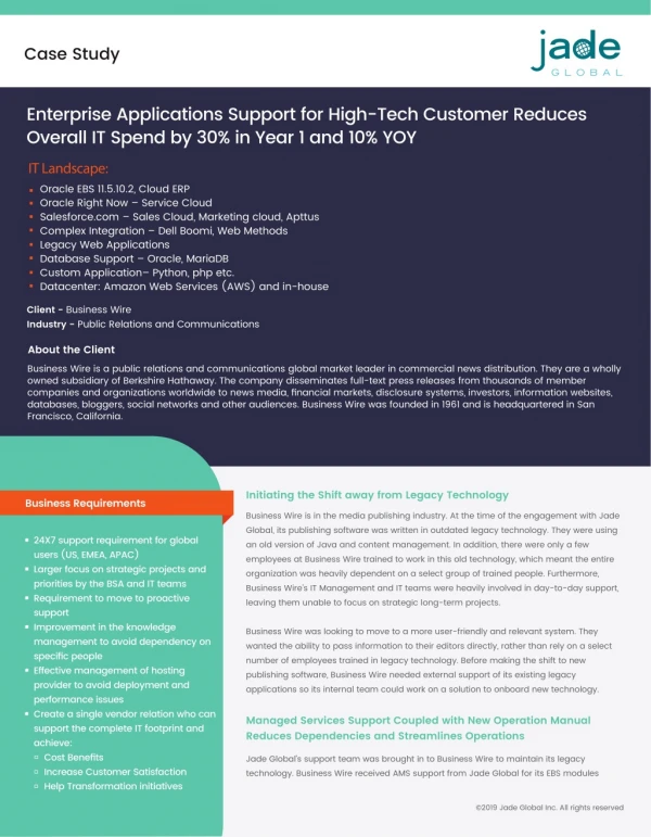 Enterprise Applications Support for High-Tech Customer Reduces Overall IT Spend by 30% in Year 1 and 10% YOY