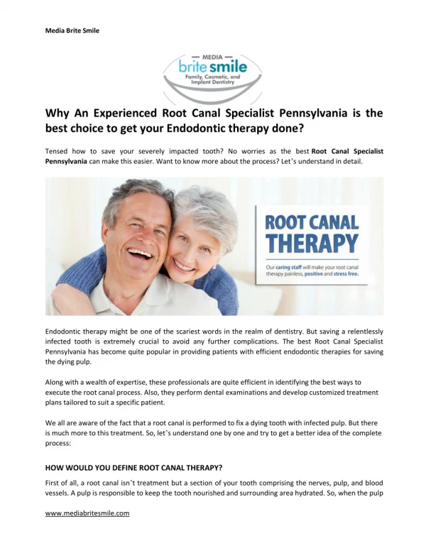 Why An Experienced Root Canal Specialist Pennsylvania is the best choice to get your Endodontic therapy done?