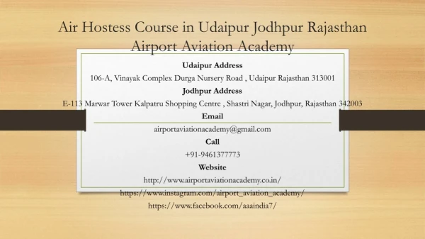 Air Hostess Course in Udaipur Jodhpur Rajasthan Airport Aviation Academy