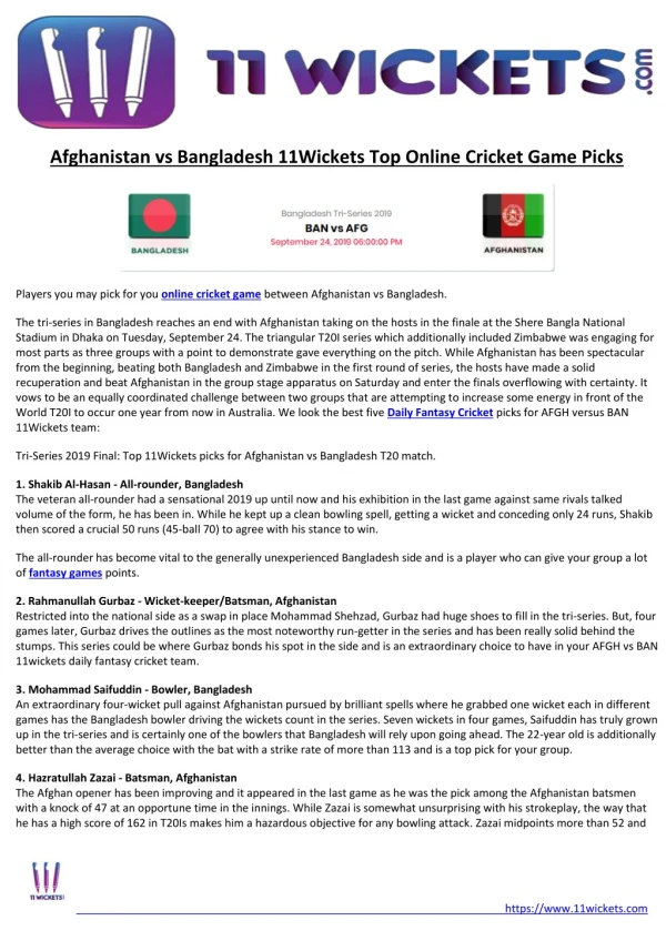 Afghanistan vs Bangladesh 11Wickets Top Online Cricket Game Picks