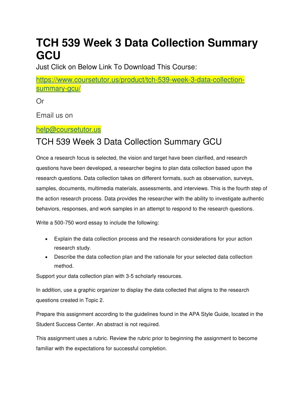 tch 539 week 3 data collection summary gcu just