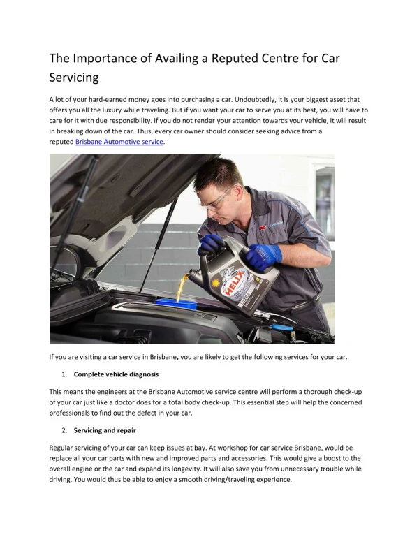 The Importance of Availing a Reputed Centre for Car Servicing