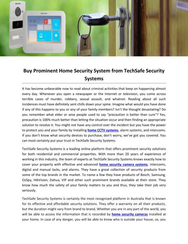 Buy Prominent Home Security System from TechSafe Security Systems