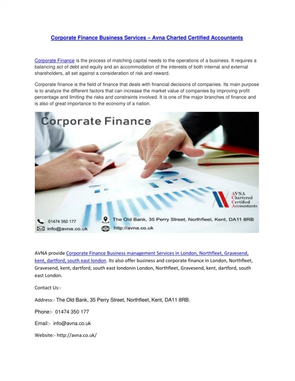 Corporate Finance Business Services in London, Northfleet, Gravesend