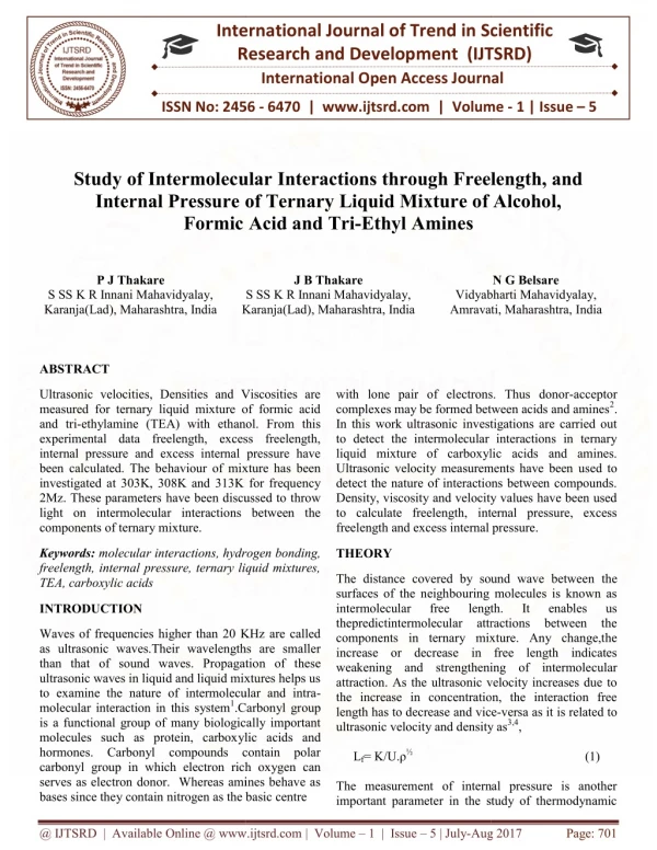 Study of Intermolecular Interactions through Freelength, and Internal Pressure of Ternary Liquid Mixture of Alcohol, For