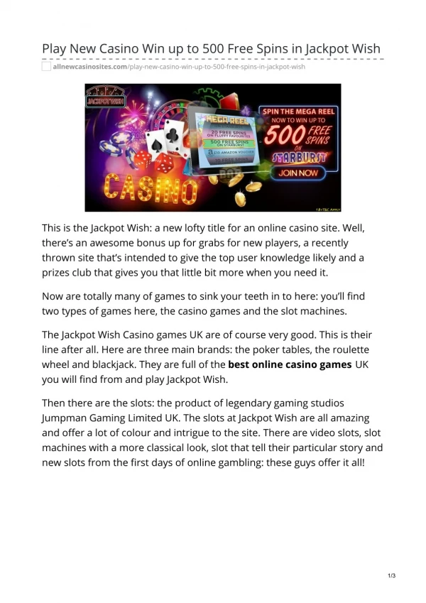 Play New Casino Win up to 500 Free Spins in Jackpot Wish