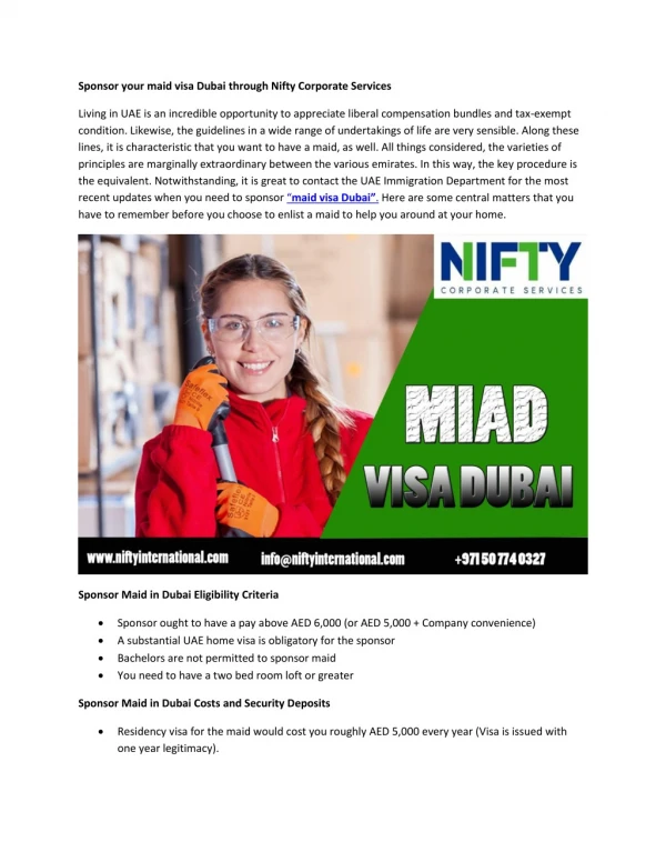 Sponsor your maid visa Dubai through Nifty Corporate Services