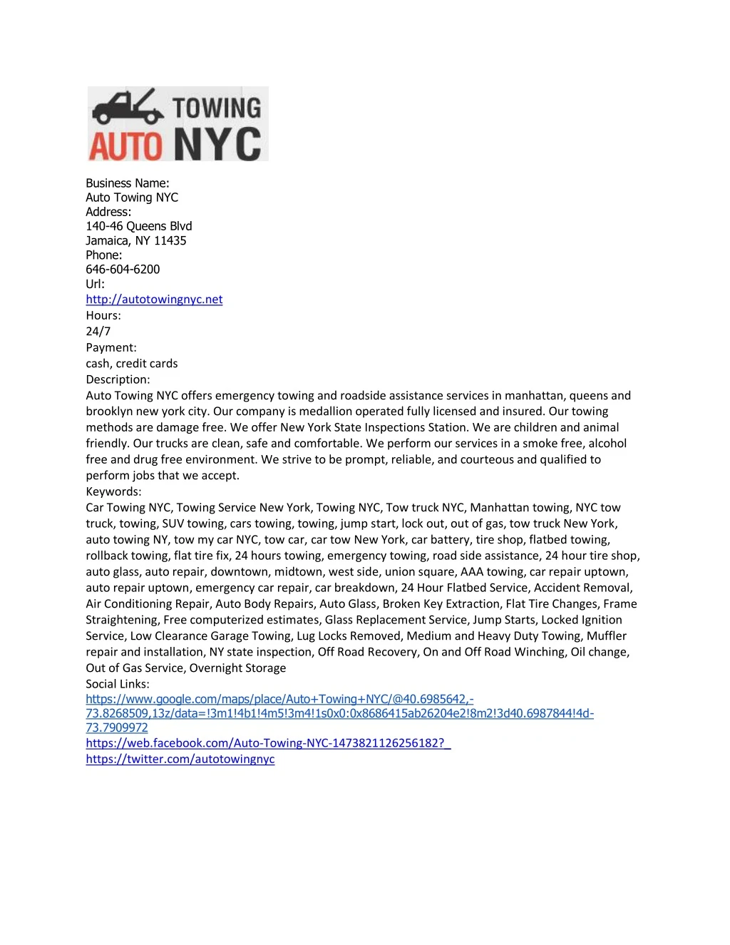 business name auto towing nyc address