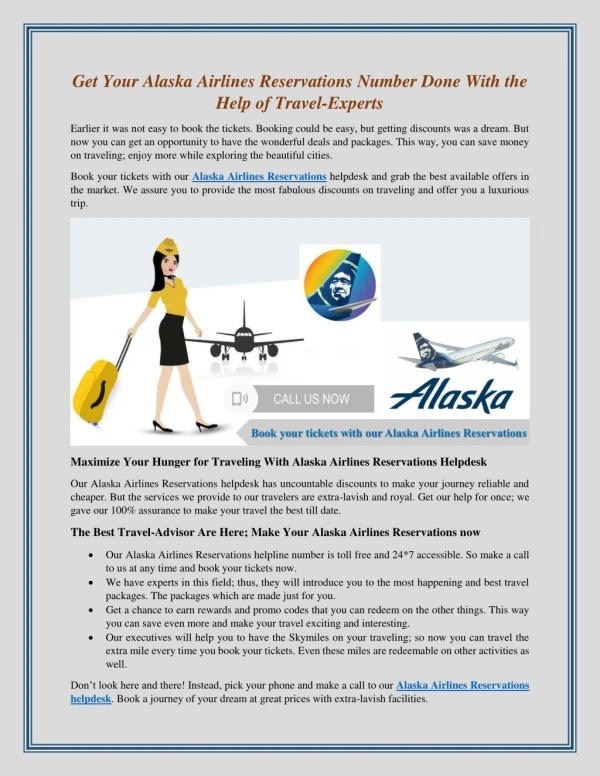 Call Alaska Airlines Reservations Number With the Help of Travel-Experts