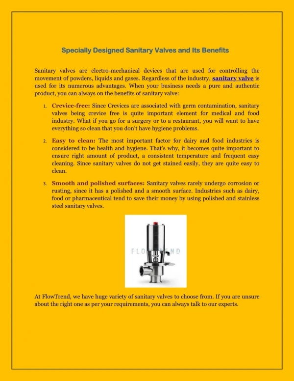 Specially Designed Sanitary Valves and Its Benefits
