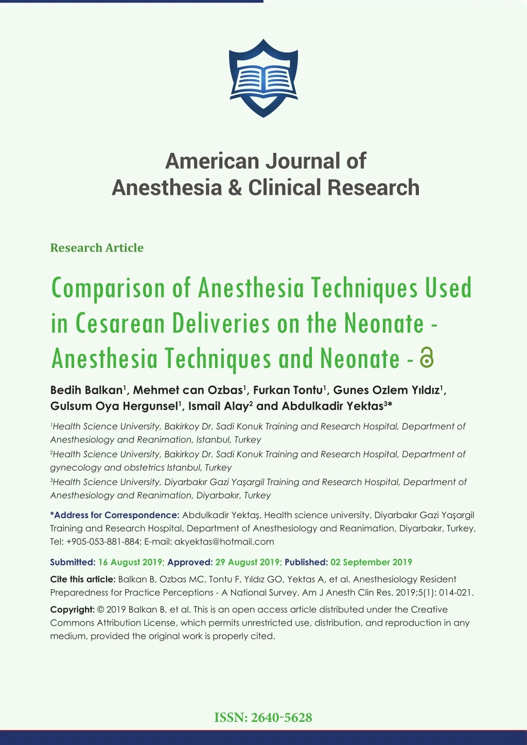 american journal of anesthesia clinical research