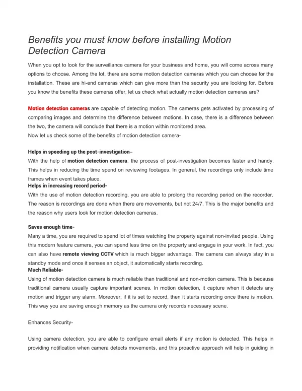Benefits you must know before installing Motion Detection Camera