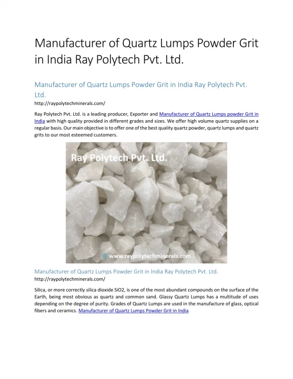 Manufacturer of Quartz Lumps Powder Grit in India Ray Polytech Pvt. Ltd.