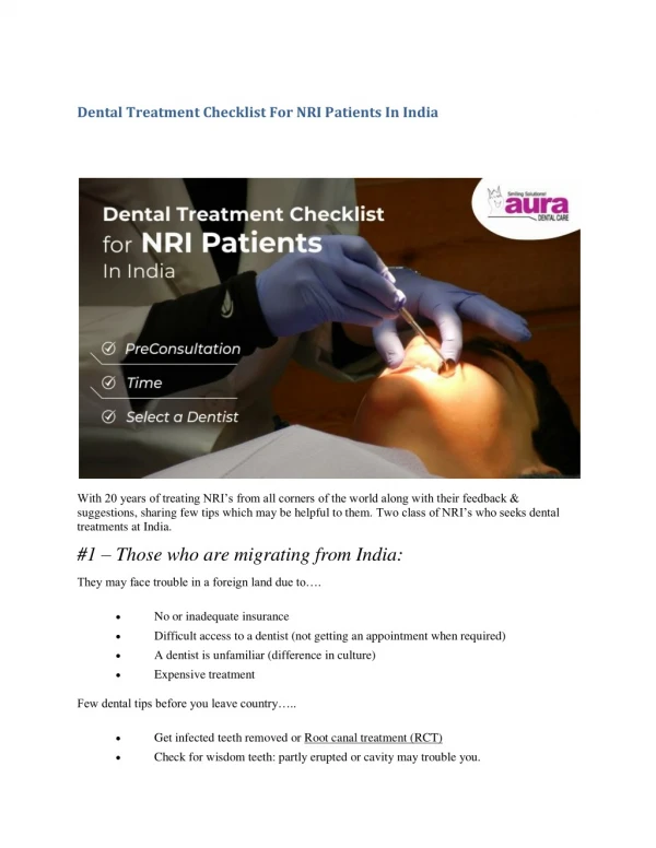 Dental Treatment Checklist For NRI Patients In India