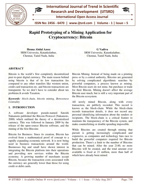 Rapid Prototyping of a Mining Application for Cryptocurrency Bitcoin
