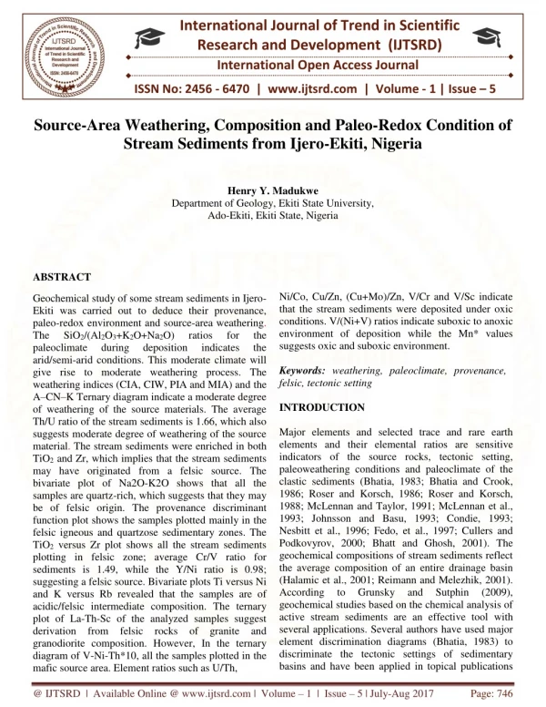 Source Area Weathering, Composition and Paleo Redox Condition of Stream Sediments from Ijero Ekiti, Nigeria