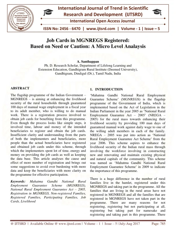 Job Cards in MGNREGS Registered Based on Need or Caution A Micro Level Analaysis