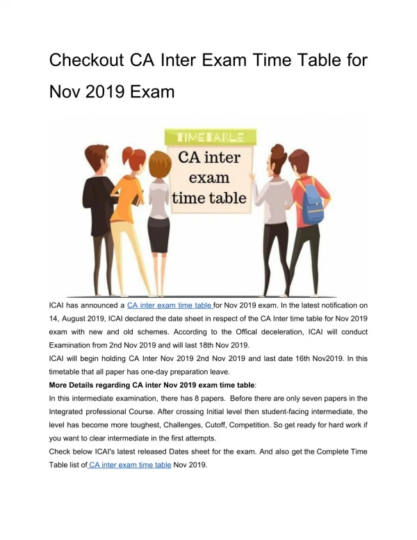 Checkout CA Inter Exam Time Table for Nov 2019 Exam