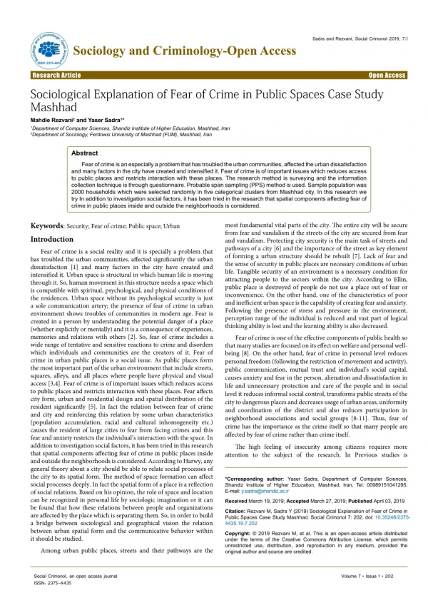 Sociological Explanation of Fear of Crime in Public Spaces Case Study Mashhad