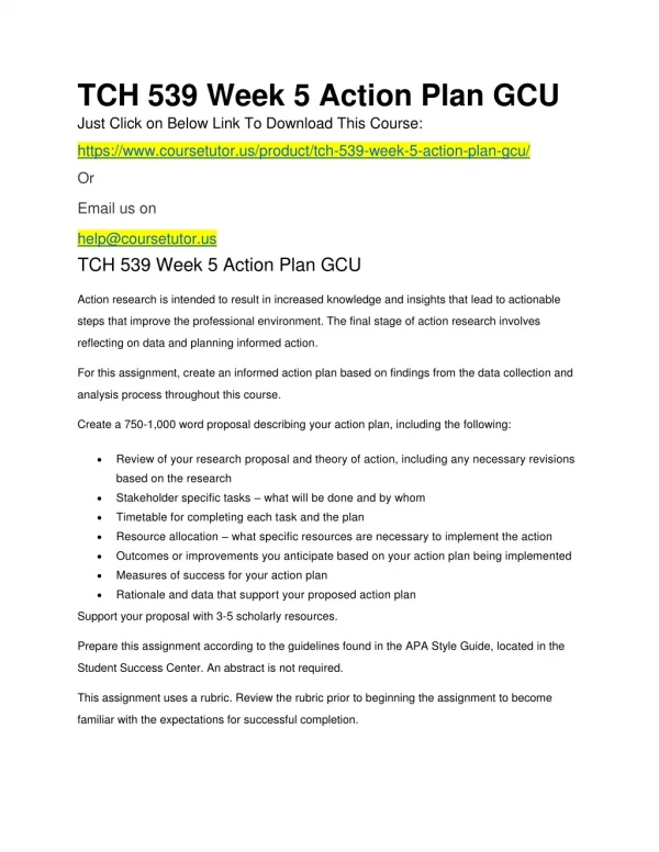 TCH 539 Week 5 Action Plan GCU