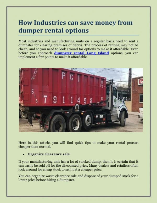 How Industries can save money from dumper rental options
