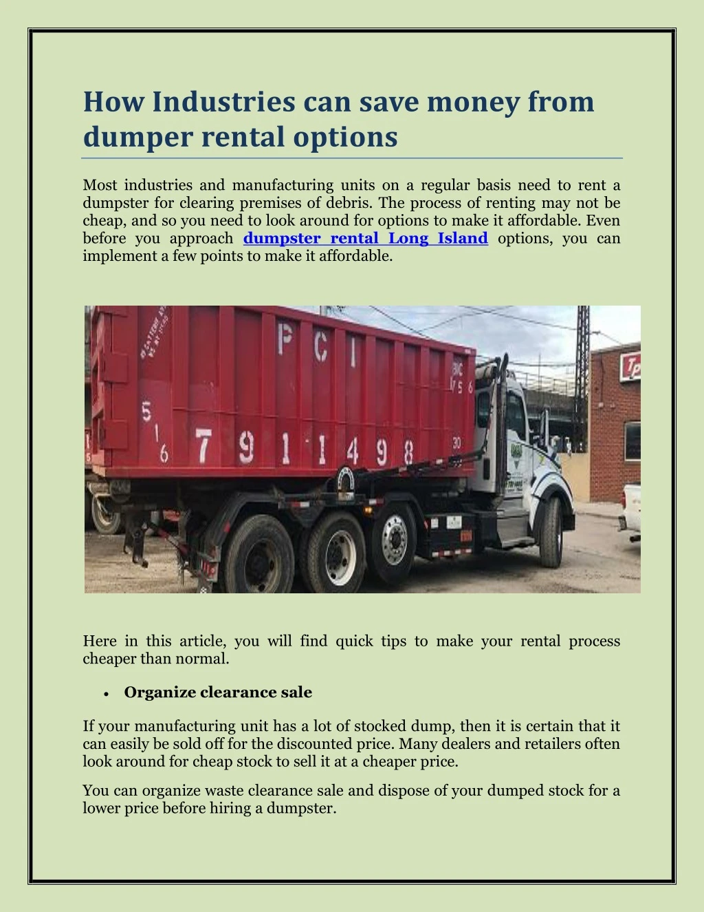 how industries can save money from dumper rental
