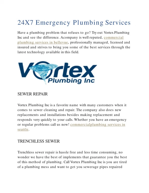24X7 Emergency Plumbing Services in Kent, WA